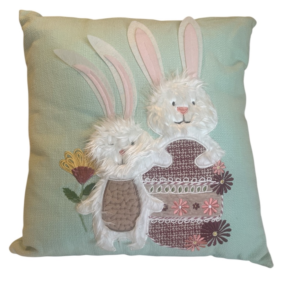 Nordstrom Mint Green Bunny Applique Pillow with Pastel Accents 21x19
